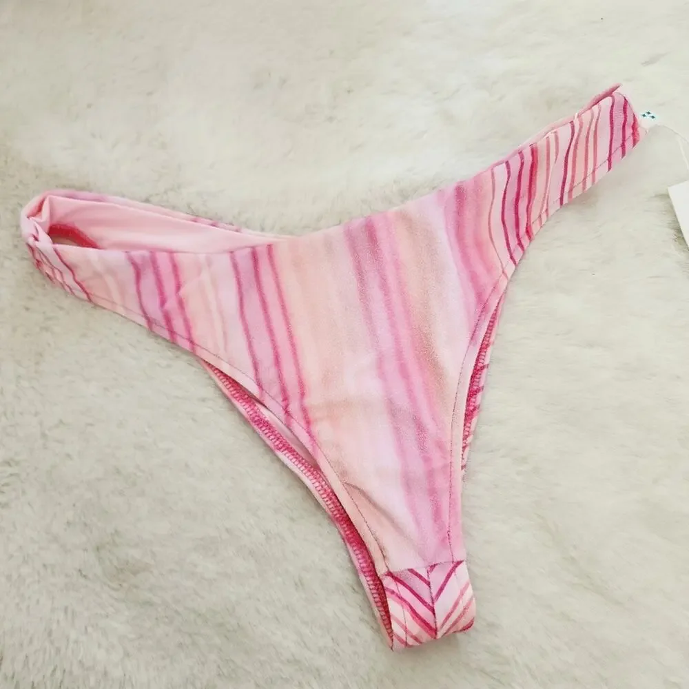 Frankie’s Bikinis Katarina Pink Solar Stripe Velvet High Leg Bikini Bottoms L